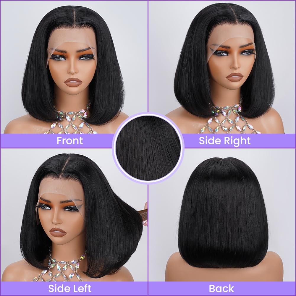 Bob Wig Human Hair 13X4 Lace Front Wigs Human hair 150% Density Short Straight Frontal Bob Wig HD Transparent Lace Frontal wigs Pre Plucked for Women Glueless Wigs With Baby Hair Natural black 10 Inch