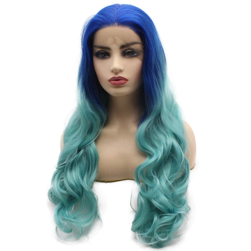 MX angel Long Wavy Blue Synthetic Lace Front Two Tone Ombre Wavy Heat Resistant Wig