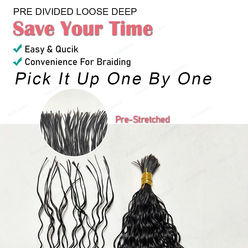 RHEANNA Pre-Divided Curly Bulk Human Hair For Boho Braids Loose Deep Wave Bulk Human Hair For Braiding Double Drawn Extensions (160 Roots)20inch/50g