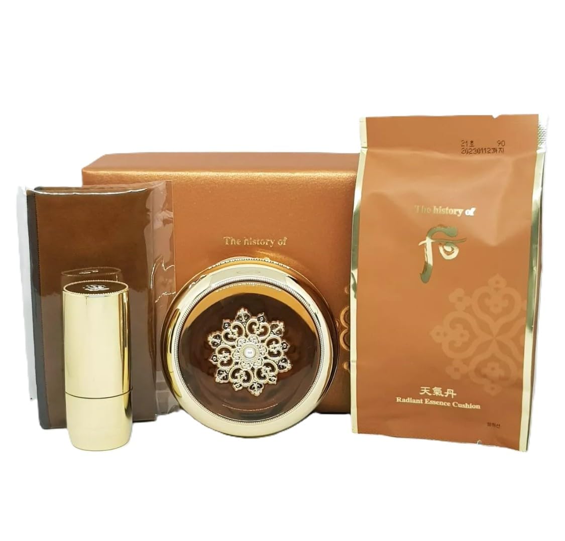 THE WHOO Radiant Essence Cushion Special Set (Main 15g + Refill 15g + Brush + Pouch) No.21 Light Beige, Intensively Hydrating for Moisturizing & Soothing skin. Made in Korea