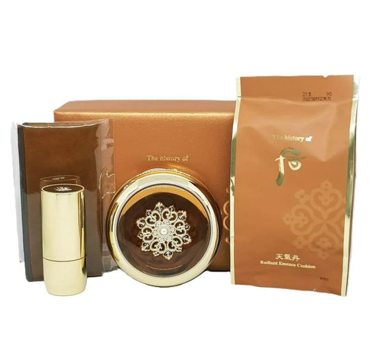 THE WHOO Radiant Essence Cushion Special Set (Main 15g + Refill 15g + Brush + Pouch) No.21 Light Beige, Intensively Hydrating for Moisturizing & Soothing skin. Made in Korea