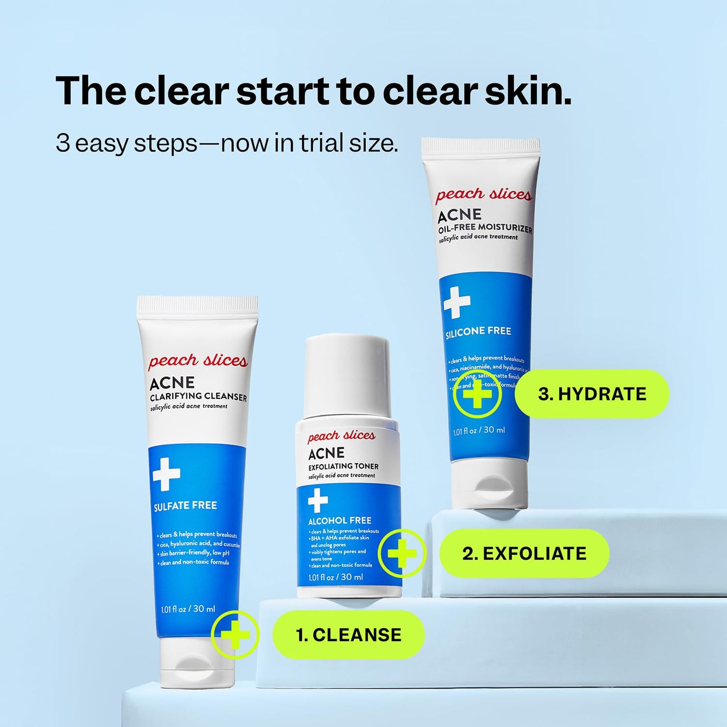 Peach Slices - 3-Step Clarifying Starter Kit (3 Products) - Skin Care Set for Blemish-Prone Skin - 1 Toner, 1 Cleanser, 1 Oil Free Moisturizer - 2% Salicylic Acid & Botanicals - Vegan & Cruelty Free
