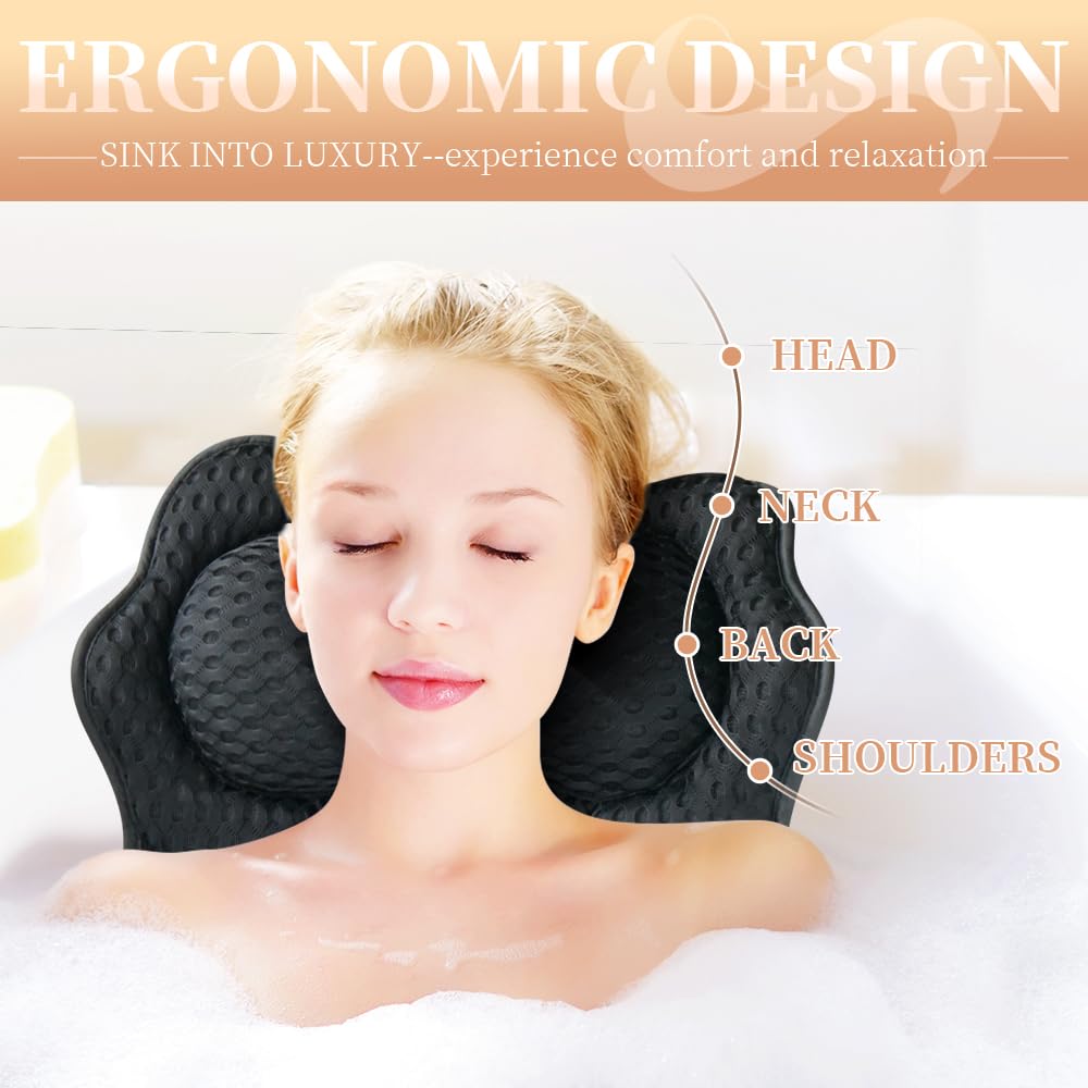Joeyset Bath Pillows for Tub, Bath Pillow, Bathtub Pillow, and Luxury Bath Accessories for Head, Neck & Back Support, Relaxing Spa Bath Tub Pillow with 6 Strong Suction Cups (Black)