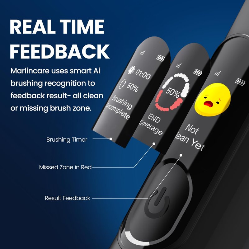 Marlincare Electric Toothbrush, Sonic Toothbrush for Adults Teens with Pressure Sensor, AI Zone Cleaning Tracking, 5 Modes & 3 Intensities, 180 Days Battery Life, 4 Brush Heads with Travel Case, Black