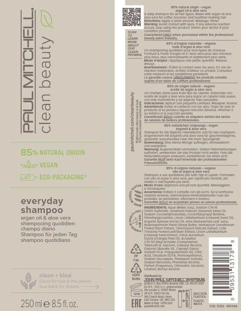 Paul Mitchell Clean Beauty Everyday Shampoo - Boosts Shine & Adds Body | For All Hair Types