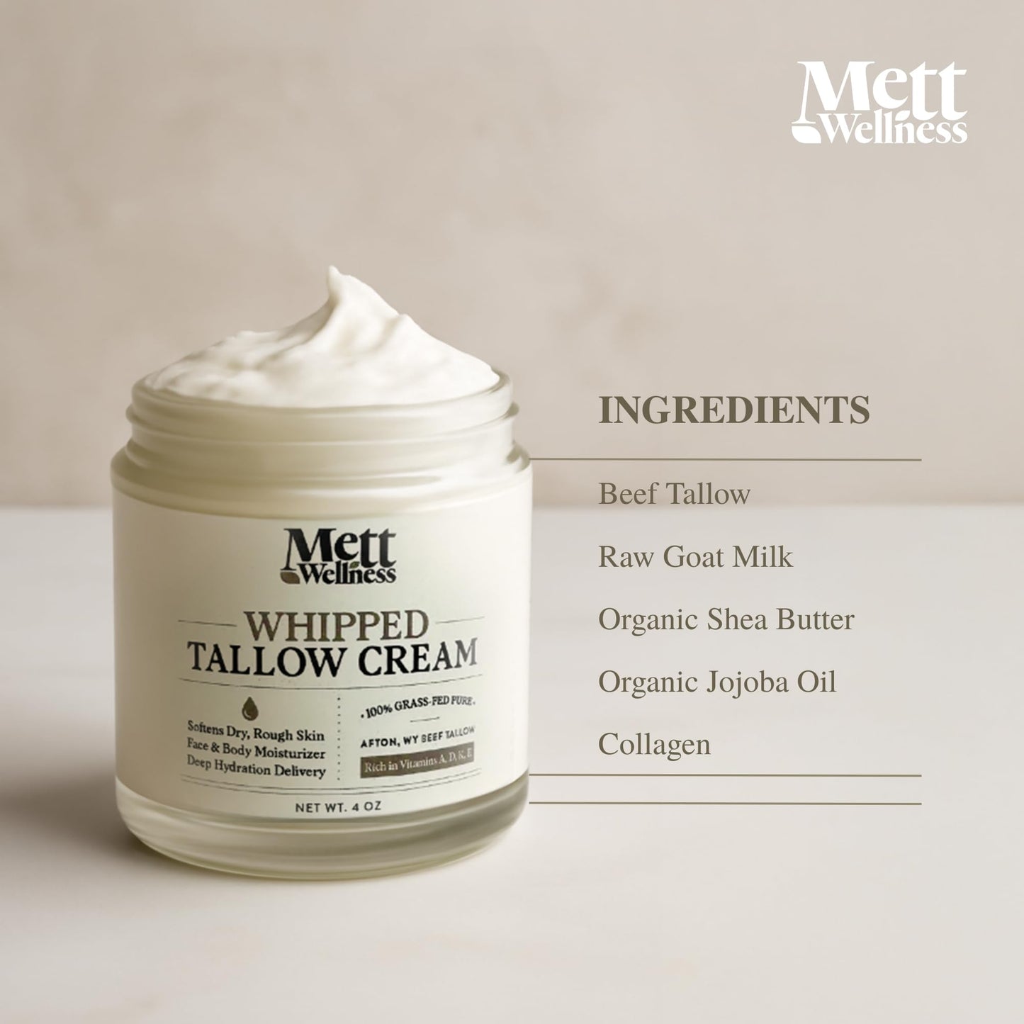 Mett Wellness Whipped Tallow Cream | 4oz Fragrance-Free Face & Body Moisturizer | Rich in Essential Fatty Acids & Vitamins A, D, E, K | Made with Collagen
