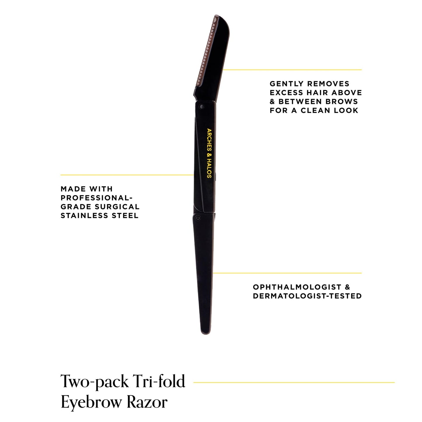 Arches & Halos Two Pack Tri-Fold Brow Razor - Remove Unwanted Hair and Precisely Shape Brows - Soften Skin Without Irritation - Ophthalmologist and Dermatologist Tested - 2 pc (Pack of 3)
