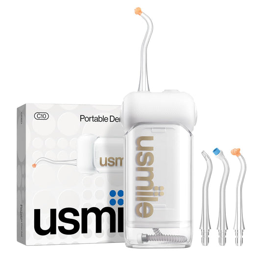 usmile C10 Portable Water Flosser for Travel – 95-Day Battery, 4 Modes, 360° Nozzle, 180ml Tank, IPX7 Waterproof, Dentist-Recommended for Braces, Implants & Sensitive Gums (White)