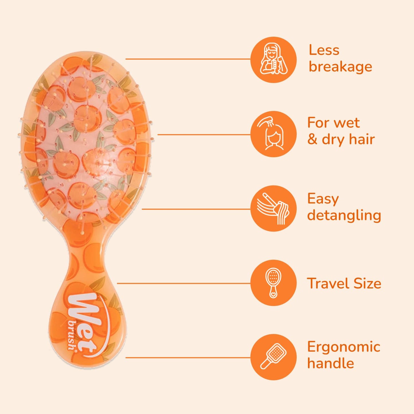 Wet Brush Mini Detangler Hair Brush, (Tutti Fruitti), Peach, Detangling Travel Hairbrush, Ultra-Soft IntelliFlex Bristles Glide Through Tangles with Ease, Pain-Free, All Hair Types