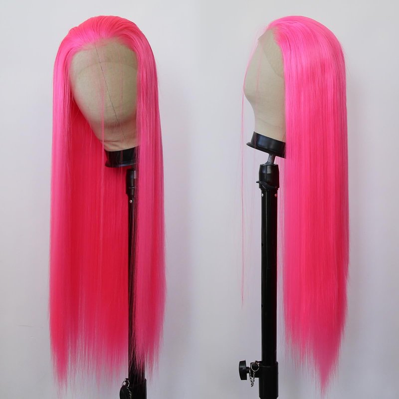 BTWTRY Pink Synthetic Lace Front Wig Long Straight Hot Pink Lace Front Synthetic Wig Pre Plucked Natural Hairline Glueless Heat Resistant Fiber Hair Wig for Fashion Women (Pink)