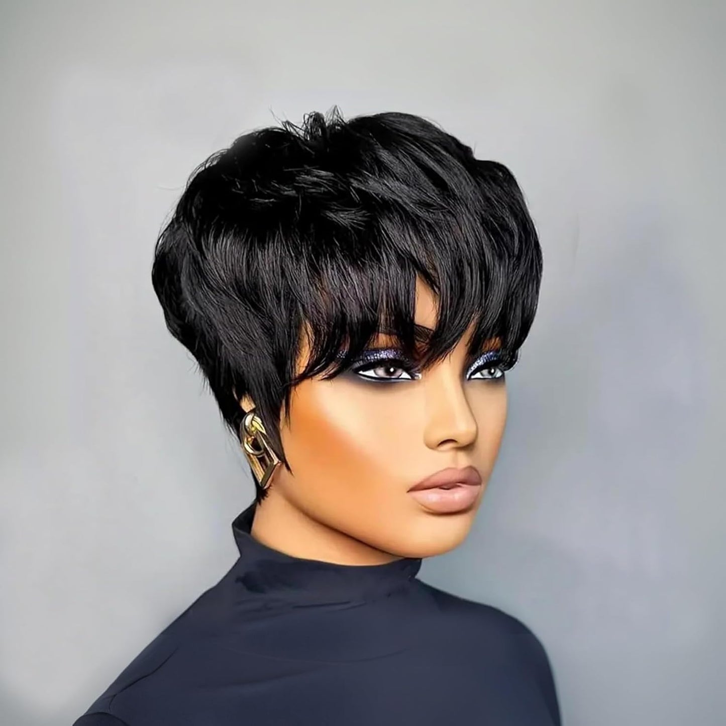 Black Pixie Human Hair Wig for Women - Soft Glueless Layered Style with Bangs | Short Length