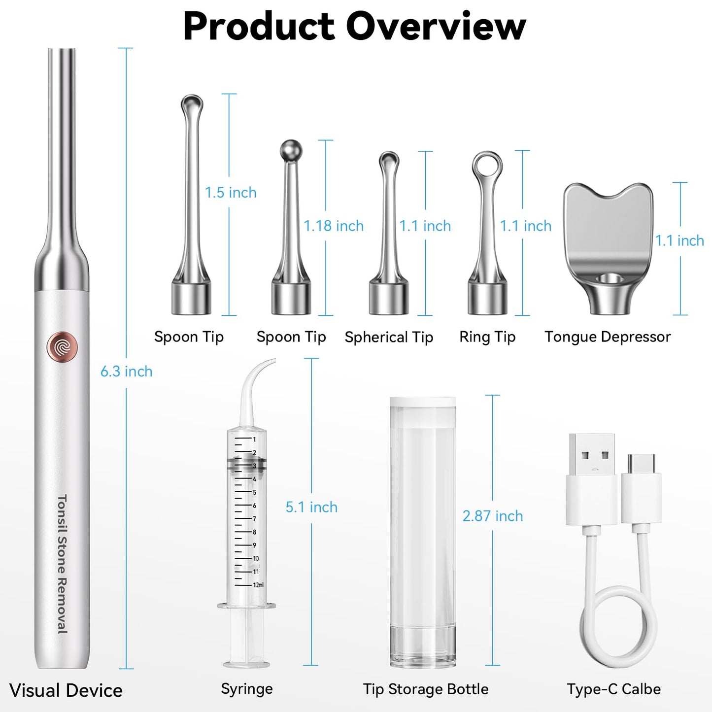 Upgraded Tonsil Stone Remover with Camera, Visual Tonsil Stone Removal Kit with 6 LED Light, Tonsil Stone Removal Tool Camera with 1080P, 5 Head Attachments, for iOS & Android (White)