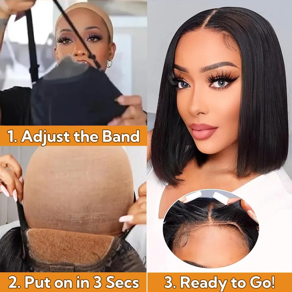Keytac Bob Wig Human Hair Glueless Wear and Go Pre Plucked Pre Cut Straight Short Bob Lace Front Wigs for Women 5x5 Hd Lace Closure Wig 12 Inch Brazilian Virgin Hair 180% Density Natural Black