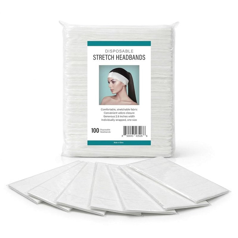 Disposable Stretch Facial Headbands - 100 Count Snag-Free Adhesive for Spa & Estheticians | White