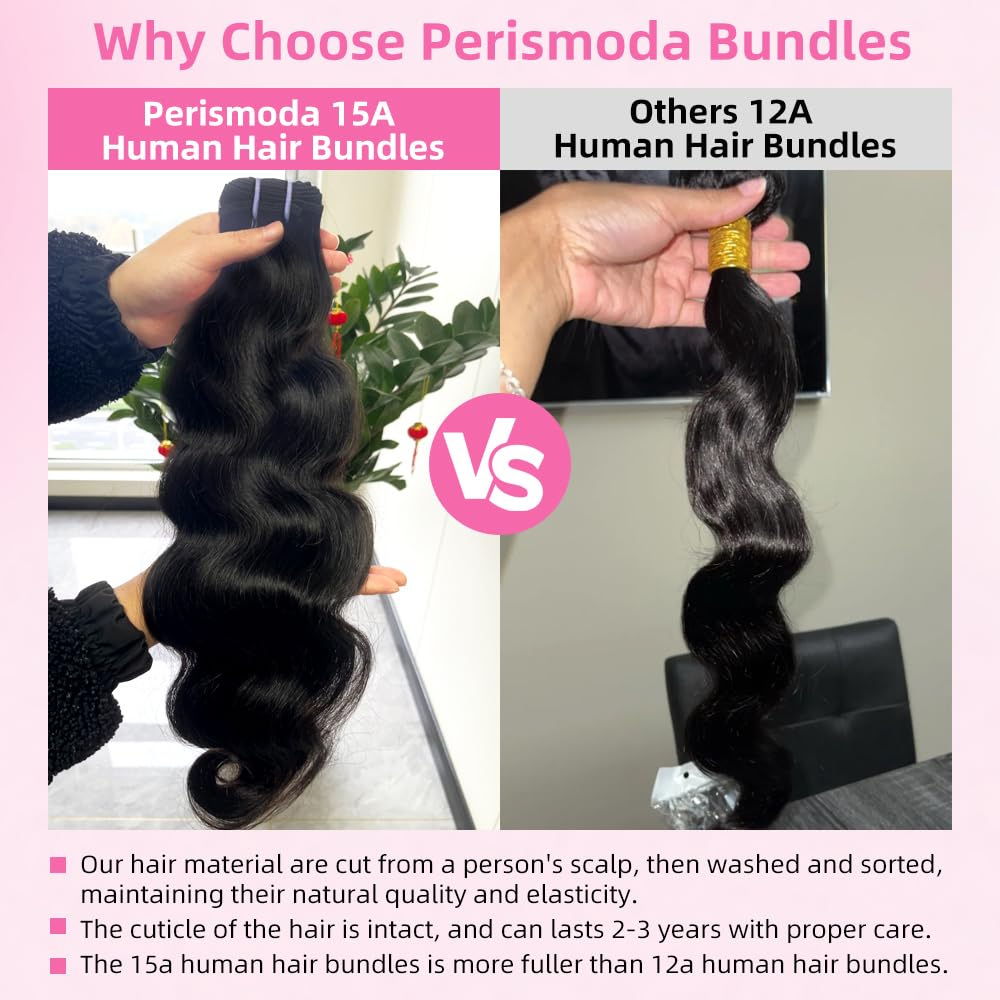 Perismoda Body Wave Human Hair Bundles 15A Raw Human Hair Bundles 100% Unprocessed Brazilian Virgin Human Hair Extensions 18 Inch 1 Bundle Quick Weave Hair Extensions Natural Color