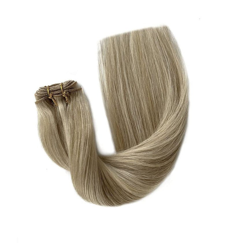 Sew In Real Human Hair Blonde Highlights Weft Extensions - Remy Hair Ash Brown Mix Platinum Blonde Hand Tied Weft - 14inch 80g