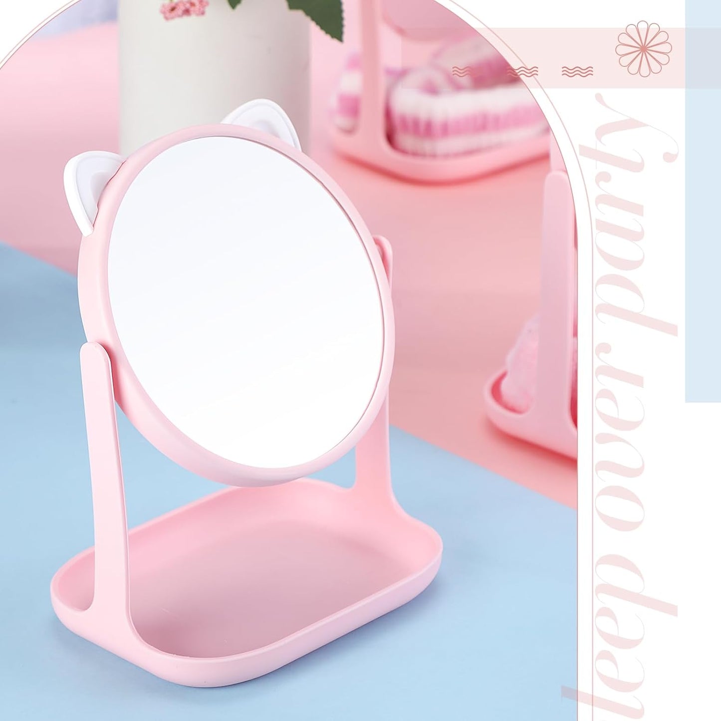 DoubleFill 8-Piece Spa Party Supplies Set | Cat Table Mirrors & Pink Bow Headbands for Slumber Birthday Parties