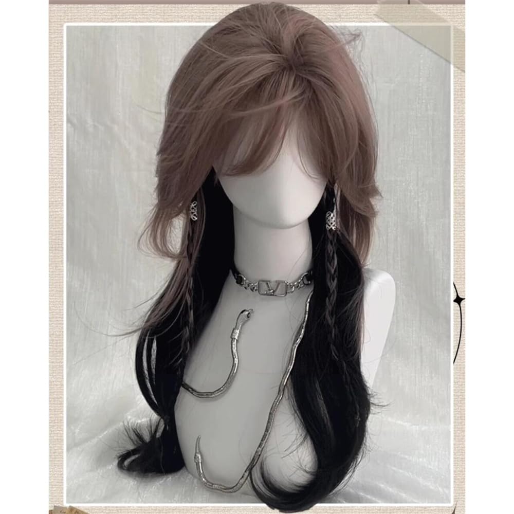 VVRPWASSLY Brown and Black Wig with Bangs Jellyfish Head Long Curly Hair High Temperature Silk Wig for Party