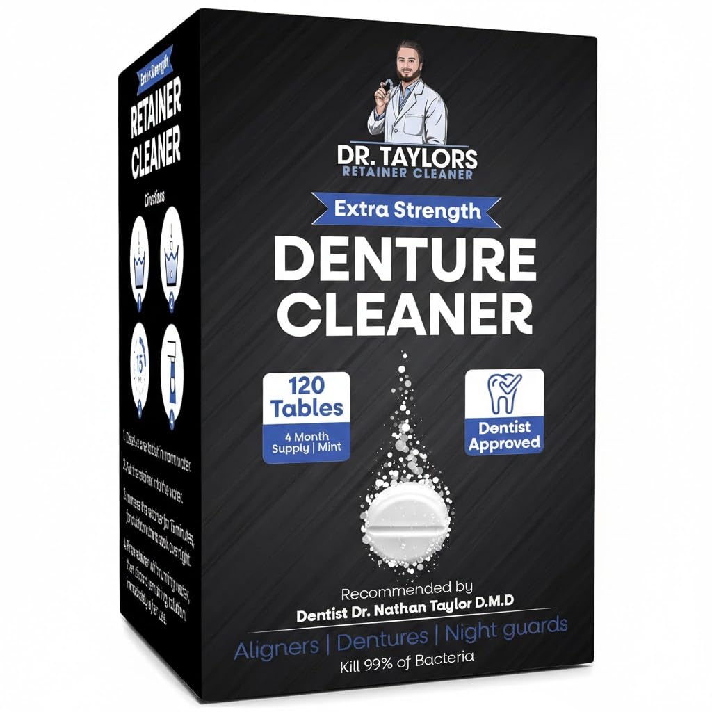 Dr. Taylor’s Denture and Retainer Cleaner Tablets (120 count) Effectively Removes Stains, Plaque, and Odor - Sports guards, Night Guards, Clear Aligners & Dentures Refreshing Mint Flavor