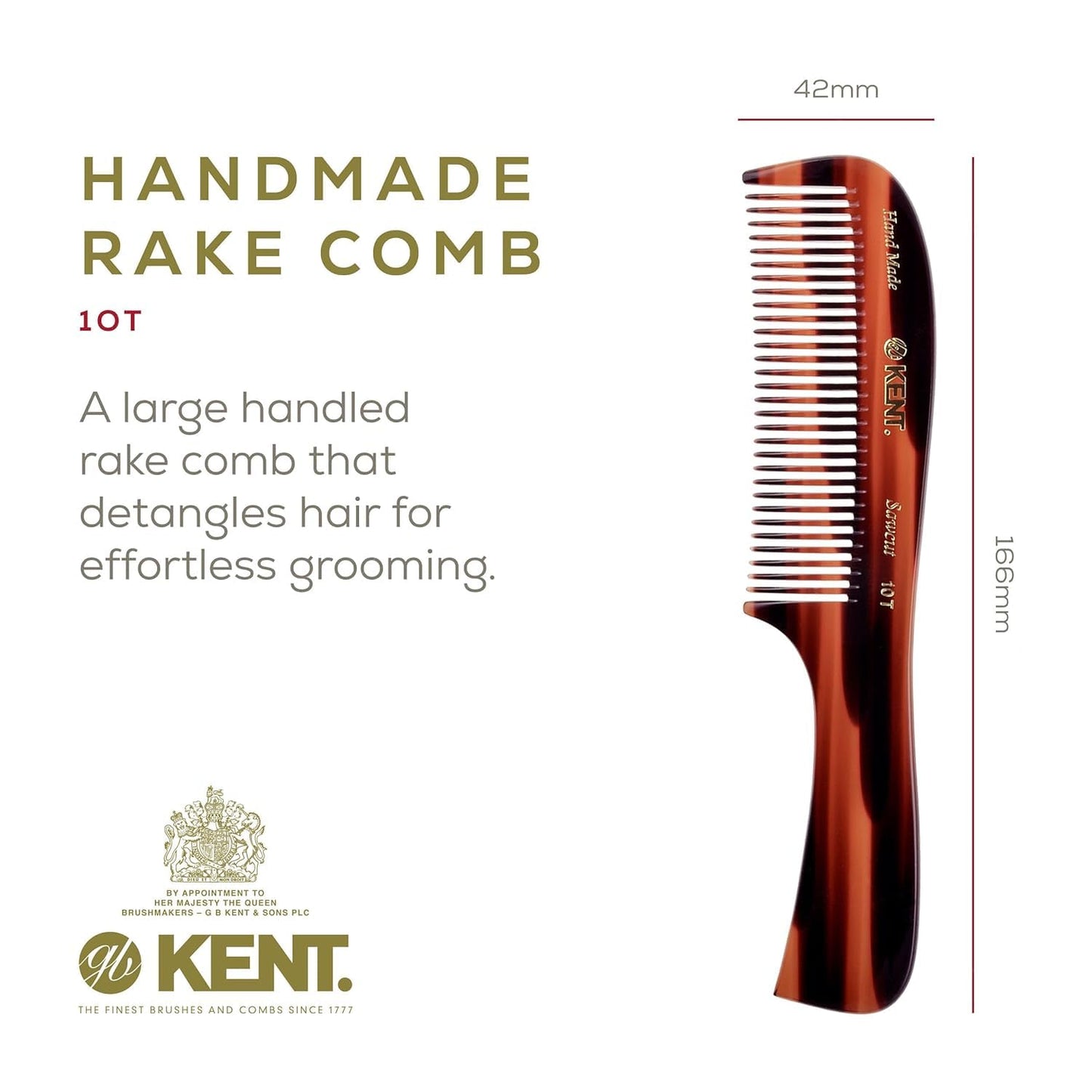 Kent 10T Graphite and Tortoise Large Detangler Comb, Handmade Wide Tooth Comb for Curly Hair, Detangling Combs For Wet and Dry Hair, Combs for Thick Hair, Saw-Cut and Hand Polished Made in England