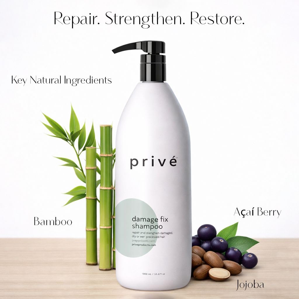 Privé Damage Fix Hair Shampoo for Women & Men - Sulfate-Free Repair Shampoo for Damaged Hair - Strengthening & Moisturizing Formula for Dry, Dull & Over-Processed Strands (12 oz)