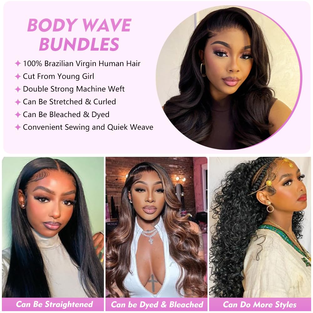 Body Wave Bundles Human Hair 8 10 12 14 Inch Human Hair Bundles 100% Unprocessed Brazilian Virgin Quick Weave 4 Bundle Human Hair Extensions for Black Women Natural Color