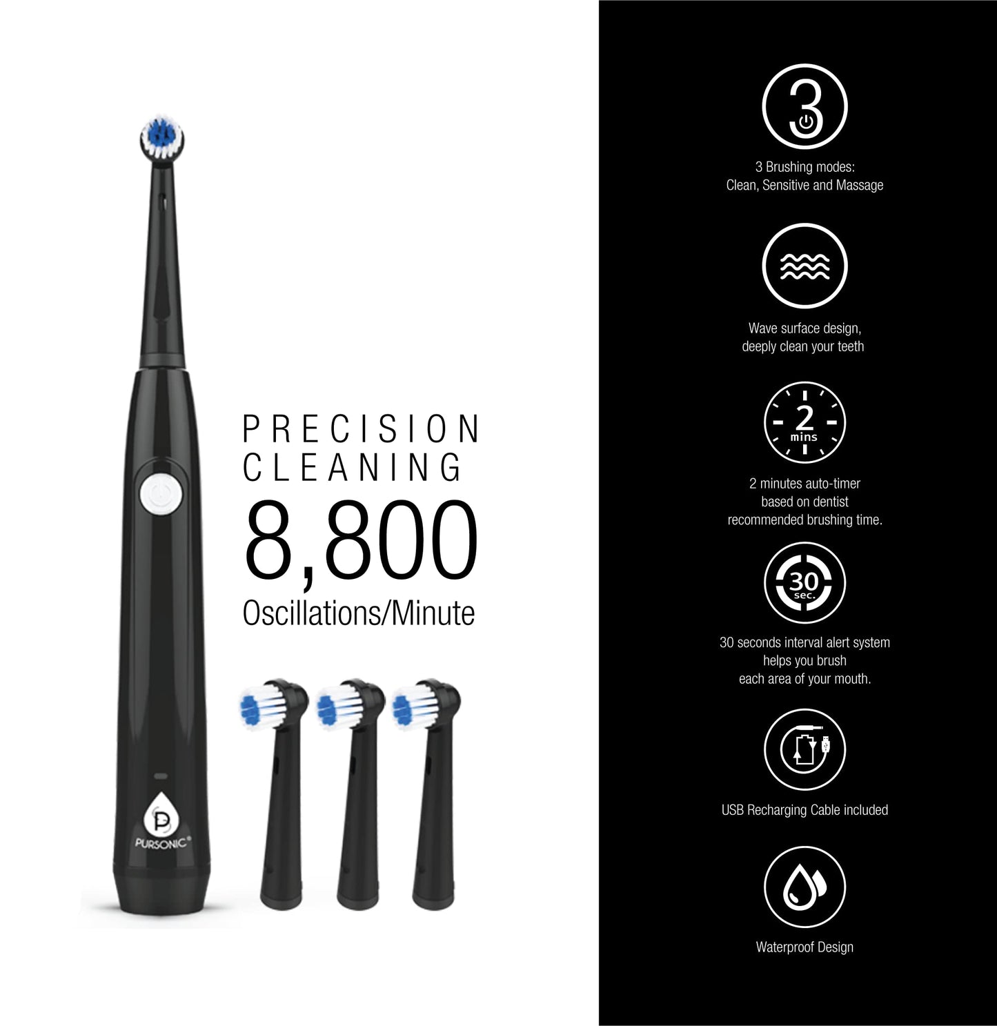 Rotating Electric Toothbrush for Adults with 3 Brush Heads - Toothbrush Electric with 3 Cleaning Modes - USB Rechargeable Toothbrush with 2 Minute Smart Timer (Black)