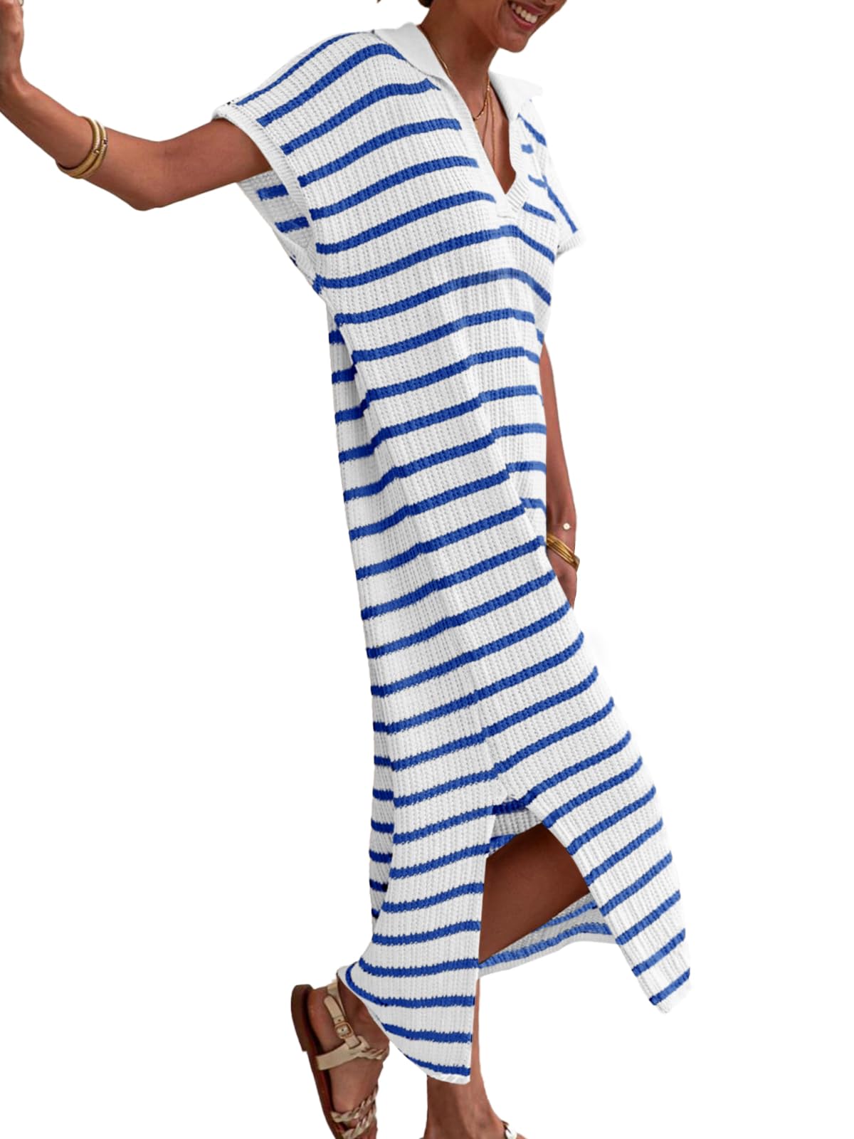 Saodimallsu Womens Striped Summer Dresses Short Sleeve V Neck Knit Collared Sexy Slit Loose Maxi Sweater Dress Blue