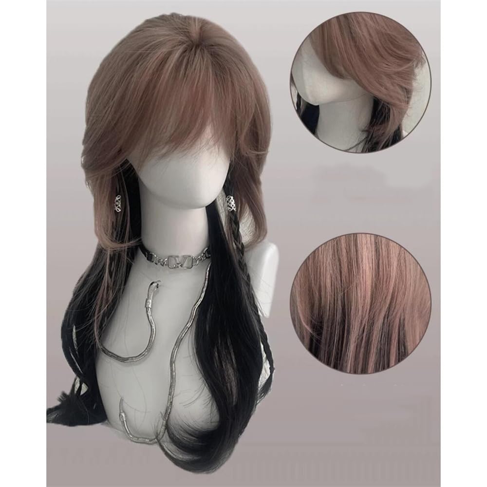 VVRPWASSLY Brown and Black Wig with Bangs Jellyfish Head Long Curly Hair High Temperature Silk Wig for Party