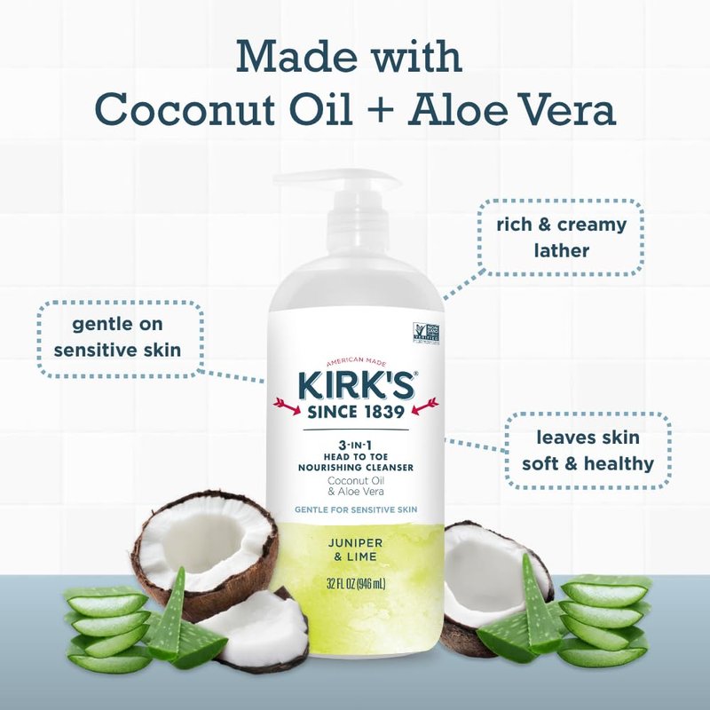 Kirk's Juniper & Lime 3-in-1 Nourishing Cleanser, Shampoo Body Wash Bubble Bath, Coconut Oil and Aloe Vera, Vegan Non-GMO, 32 Fl Oz, Pack of 2