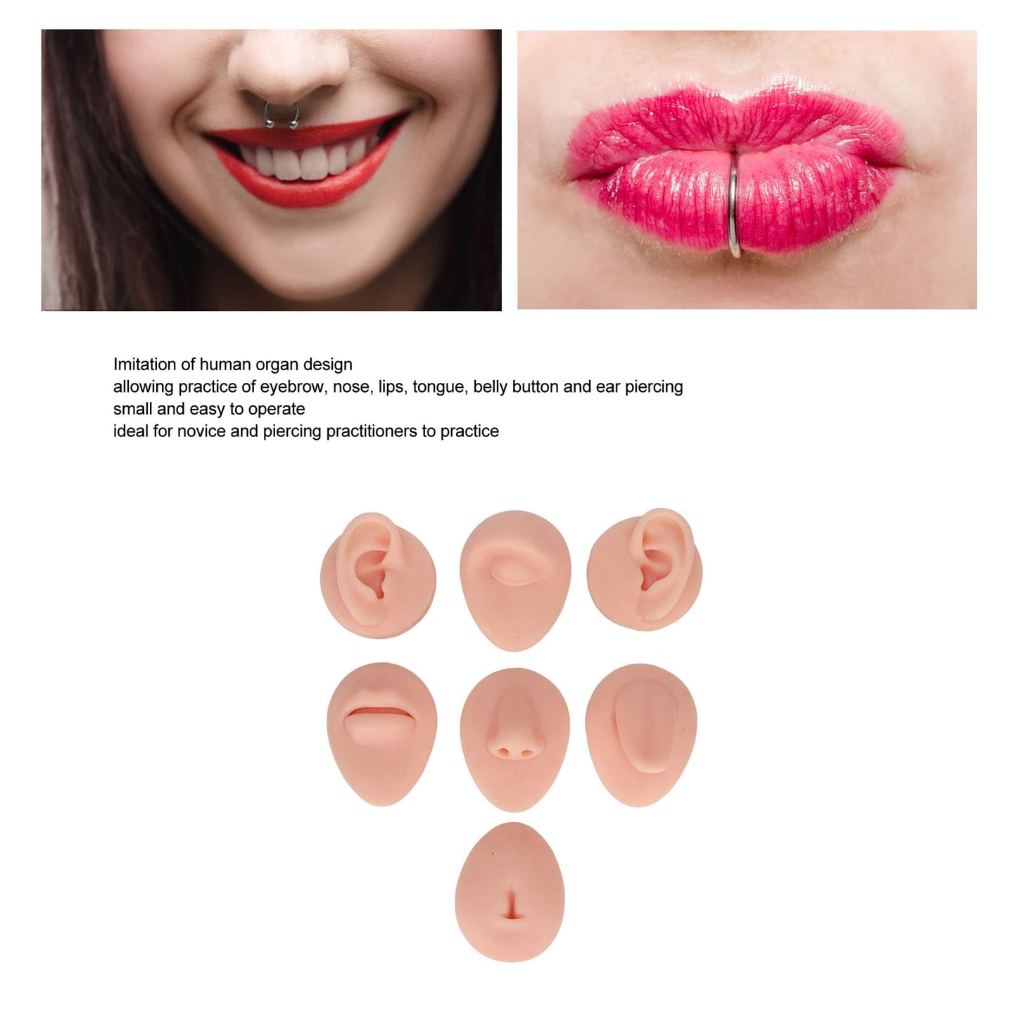 7PCS Piercing Practice Body Parts, Silicone Body Parts for Piercing Kit, Fake Body Parts, Soft Silicone Ear Mouth Nose Eye Tongue Navel Model (Light Skin)