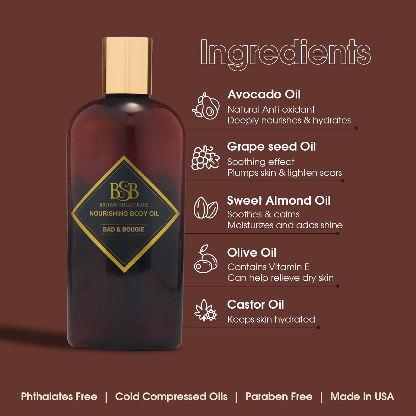 Brown Sugar Babe Bad and Bougie Body Oil, Grape Seed and Sweet Almond Fragrance Oils, Nourishing Scented Oil for Women, Perfume Body-Oil, Skin Care, Paraben Free, Made in USA