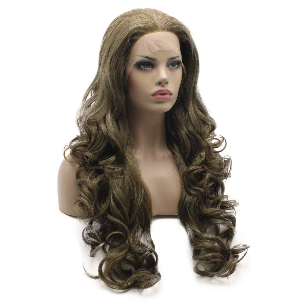 Lushy Hair Wavy Long 24inch Ash Brown Blonde Mix Wig Heat Resistant Heavy Density Realistic Synthetic Lace Front Wig