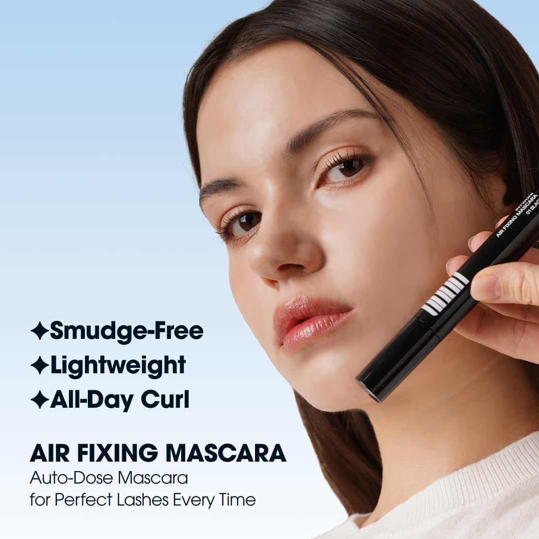 INTWONI AirFixing Mascara – Smudge-Resistant Tubing Formula | 0.5mm Precision Brush | Patented Air-Sealed Container to Reduce Drying | Easy Warm-Water Removal | 8.5g | Made in Korea (Black) (Black)