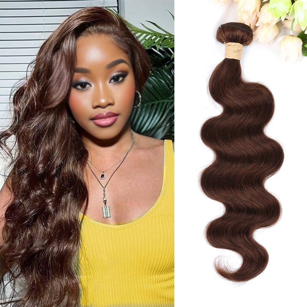 ALLRUN 16 Inch Brown Human Hair Bundle Body Wave 1 Pc - 100% Unprocessed Brazilian Virgin Hair Extensions Chocolate Brown Bundles Human Hair 4# Color (12A)