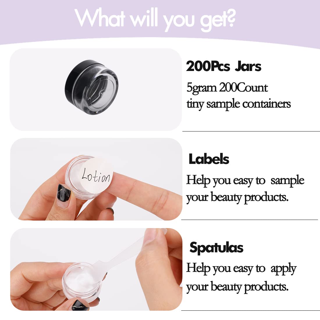 5 Gram Sample Containers With Lids, 200 Count 5ML Jars, Empty Cosmetic Jars for Glitter, Lotion, Cream, Beads - With Labels, Mini Spatulas