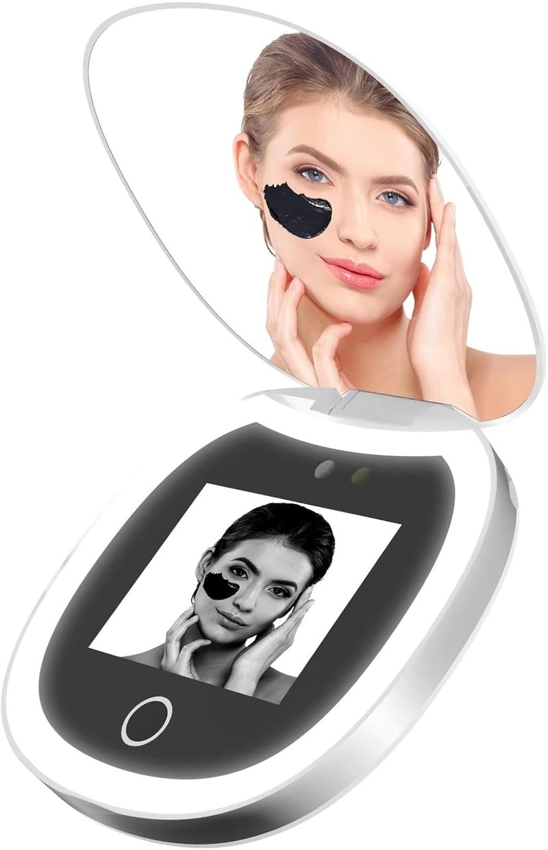 Portable LED Beauty Mirror - Smart UV Sunscreen Tester & 360° Adjustable Camera for Skin Protection | Ideal for Travel & Makeup