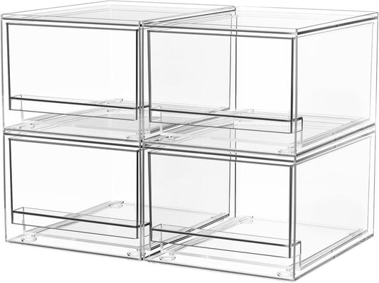 Acrylic Stackable Storage Drawers - 4PCS Makeup Organizer for Bathroom & Kitchen | 7.5" L Plastic Bins