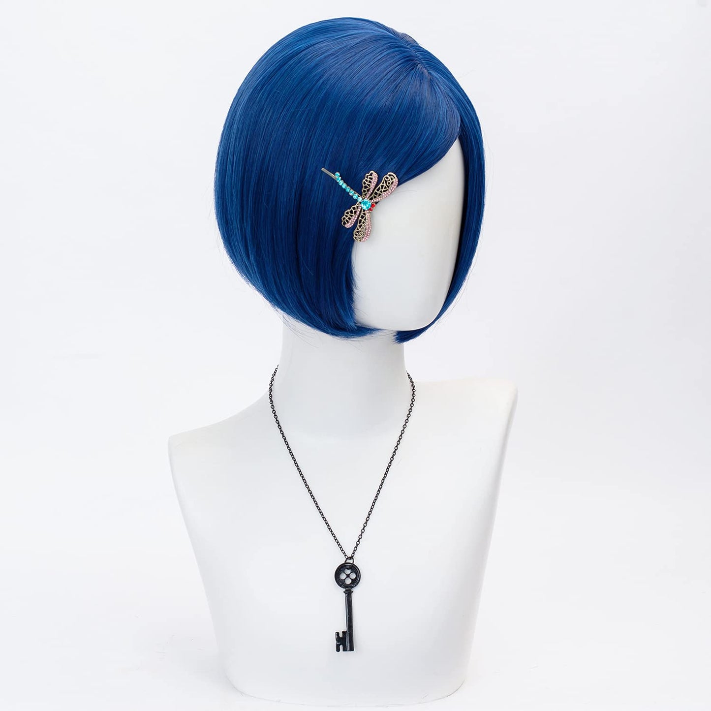 TSNOMORE Dark Blue Bob Cosplay Wig for Women Short Straight Synthetic Wig with Key Necklace and Dragonfly Hairclip, Halloween Costume Party Cosplay Wig for Aldult (A-Dark blue)