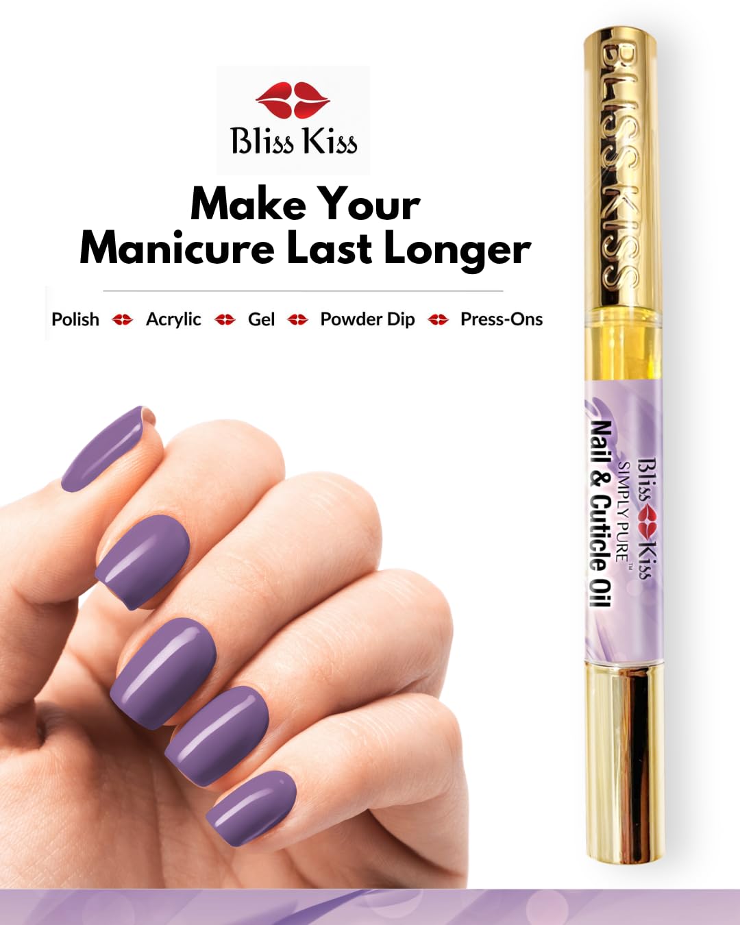 Bliss Kiss | 1 Lavender Vanilla | Nail Oil Cuticle Pen w/Vitamin E & Jojoba⏤Nail Strengthener Nail Growth Serum for Brittle Peeling Breaking Thin Nails