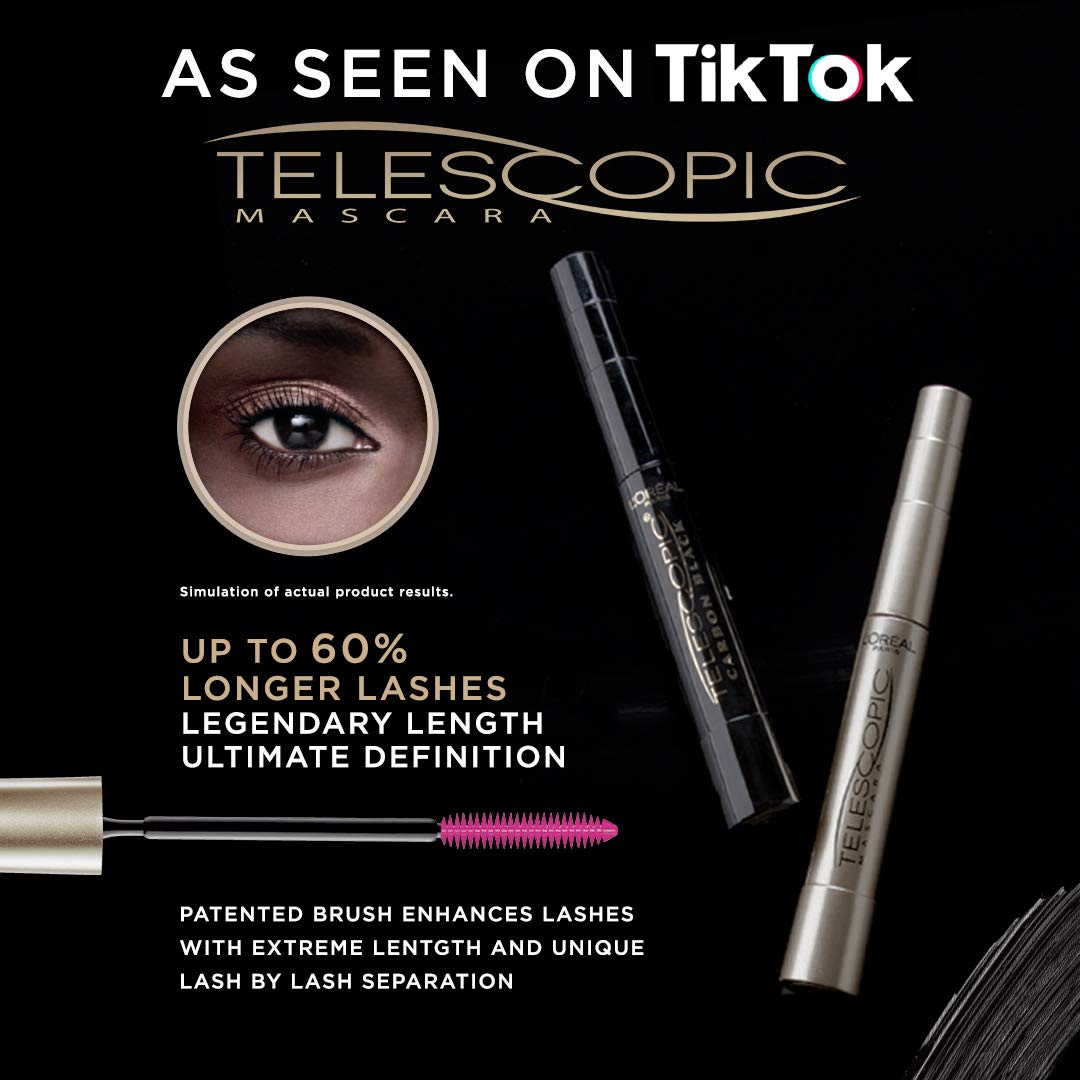 L'Oreal Paris Makeup Telescopic Original Lengthening Mascara, Black, 0.27 Fl Oz (1 Count) & Makeup Telescopic Original Lengthening Mascara, Carbon Black, 0.27 Fl Oz (Pack of 1)