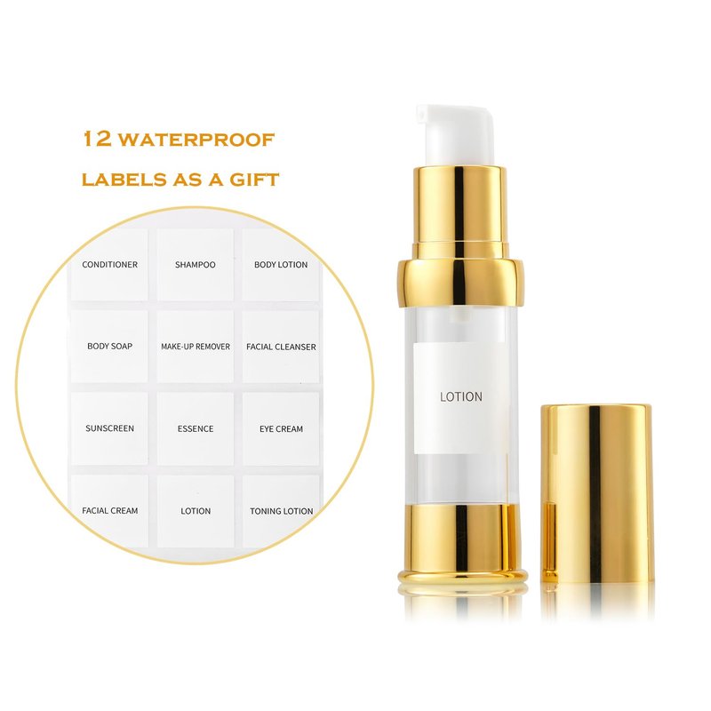 XQNCBY Gold 15ML 0.5 oz Airless pump bottle Toiletries Travel Size containers airport essentials Dispenser with Box Reusable mini lotion plastic travel bottles 4 Packs
