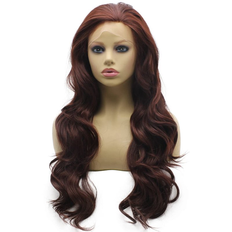 Peakia Long Wavy Dark Red Natural Half Hand Tied Synthetic Lace Front Wig