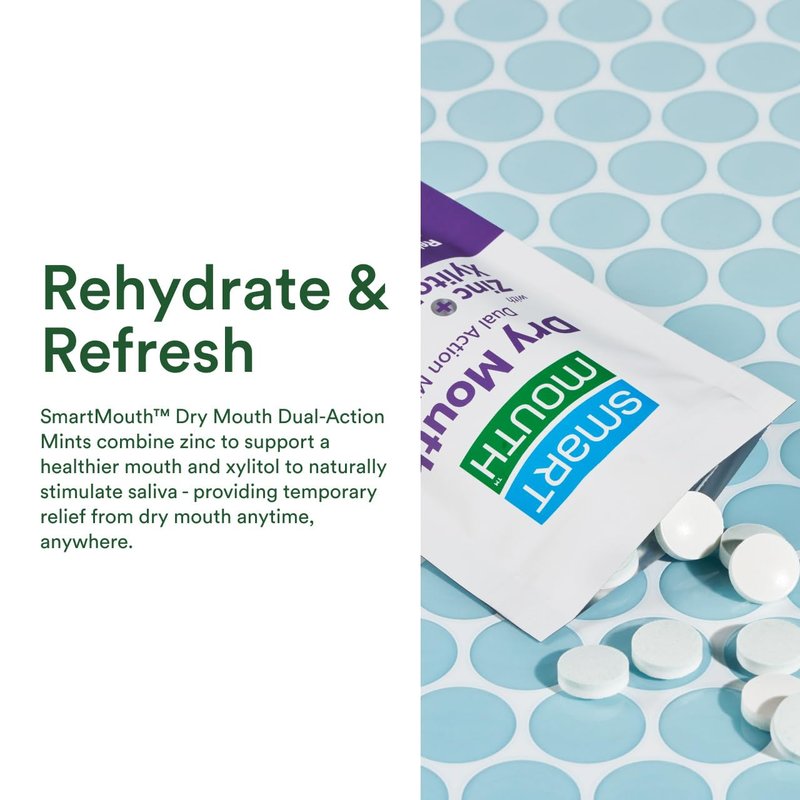SmartMouth Dry Mouth Dual-Action Mints - Sugar-Free Mints for Dry Mouth Support - With Zinc & Xylitol - Travel-Friendly Packaging for On-the-Go Oral Care - Mellow Mint - 50 Count, 8-Pack