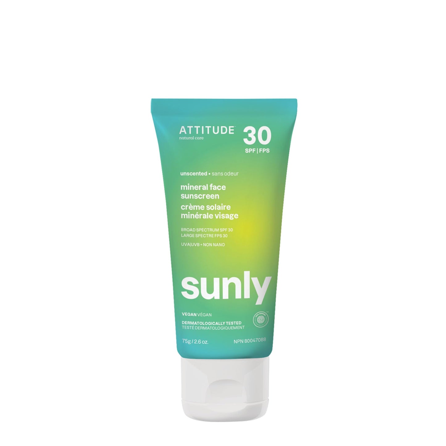 ATTITUDE Mineral Face Sunscreen SPF 30, Zinc Oxide Broad Spectrum UVA/UVB Protection, Dermatologically Tested, Vegan, Unscented, 2.6 Oz