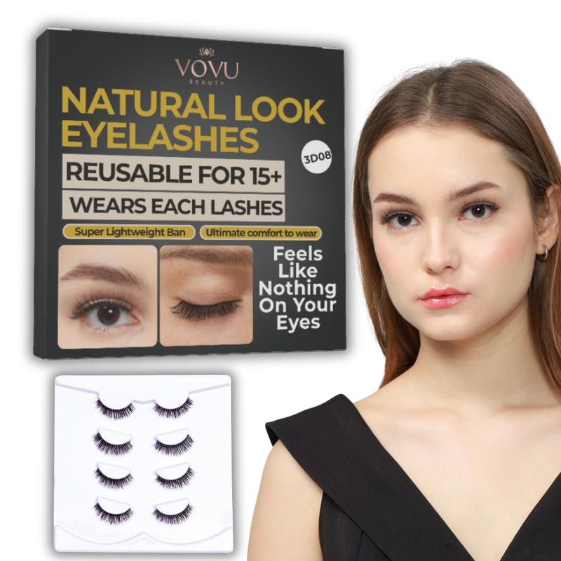 3D08 False Eyelashes - Super Lightweight, Natural Look, Comfortable Band | 4 Pairs for All Eye Types