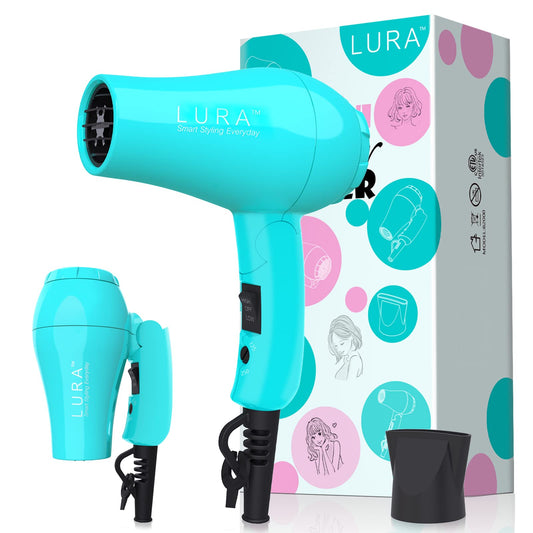 LURA Auto Dual Voltage Hair Dryer for International Travel,Travel HairDryers with Difffuser,Small Portable Blow Dryer for Women Lightweight,Compact Mini Blowdryers with Folding Hand for Kids(Blue)