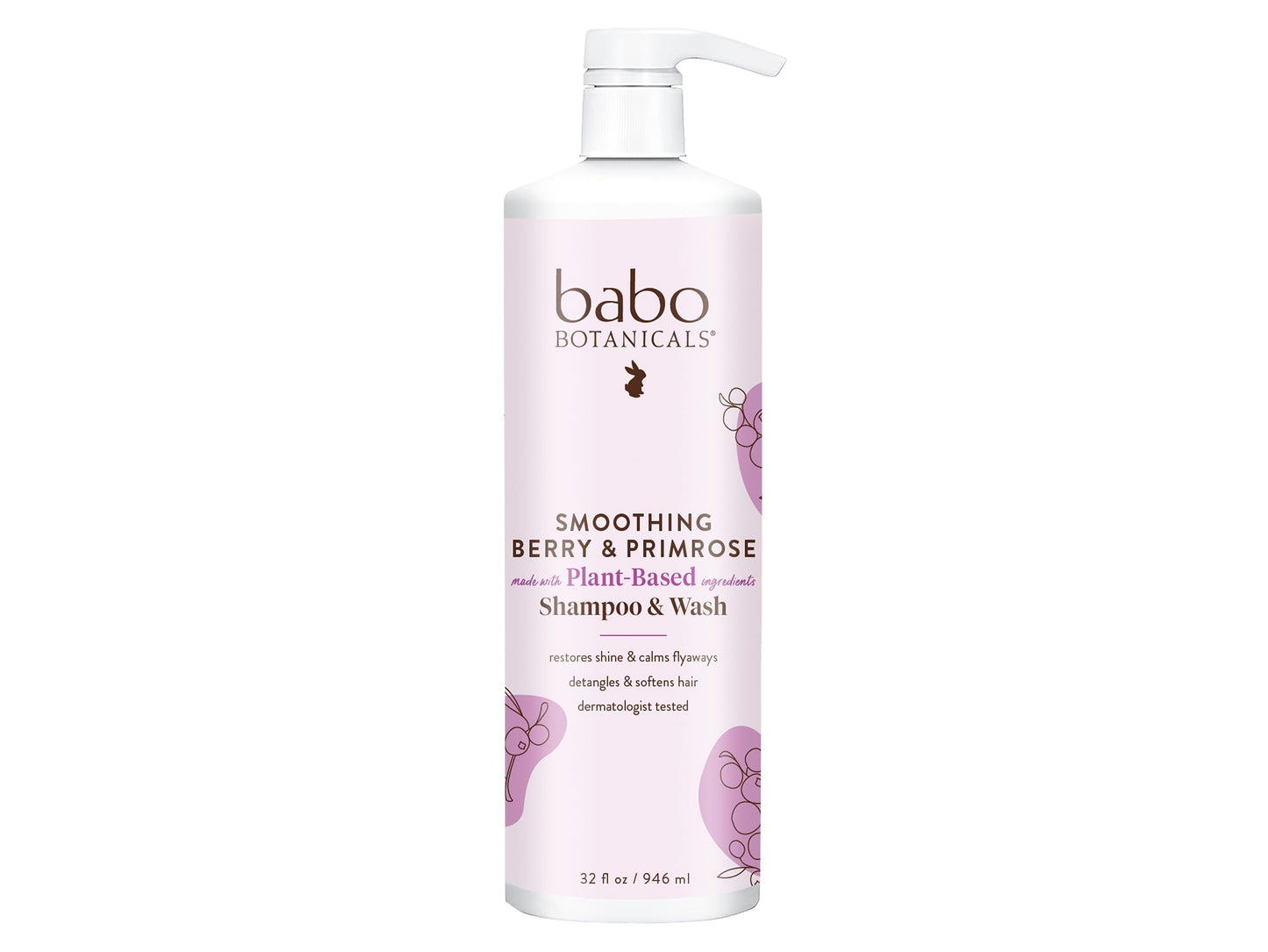 Babo Botanicals Smoothing 2-in-1 Shampoo & Wash with Natural Berry and Evening Primrose oil, Hypoallergenic, Vegan, For Babies and Kids - 32 oz. (Family size), Pink