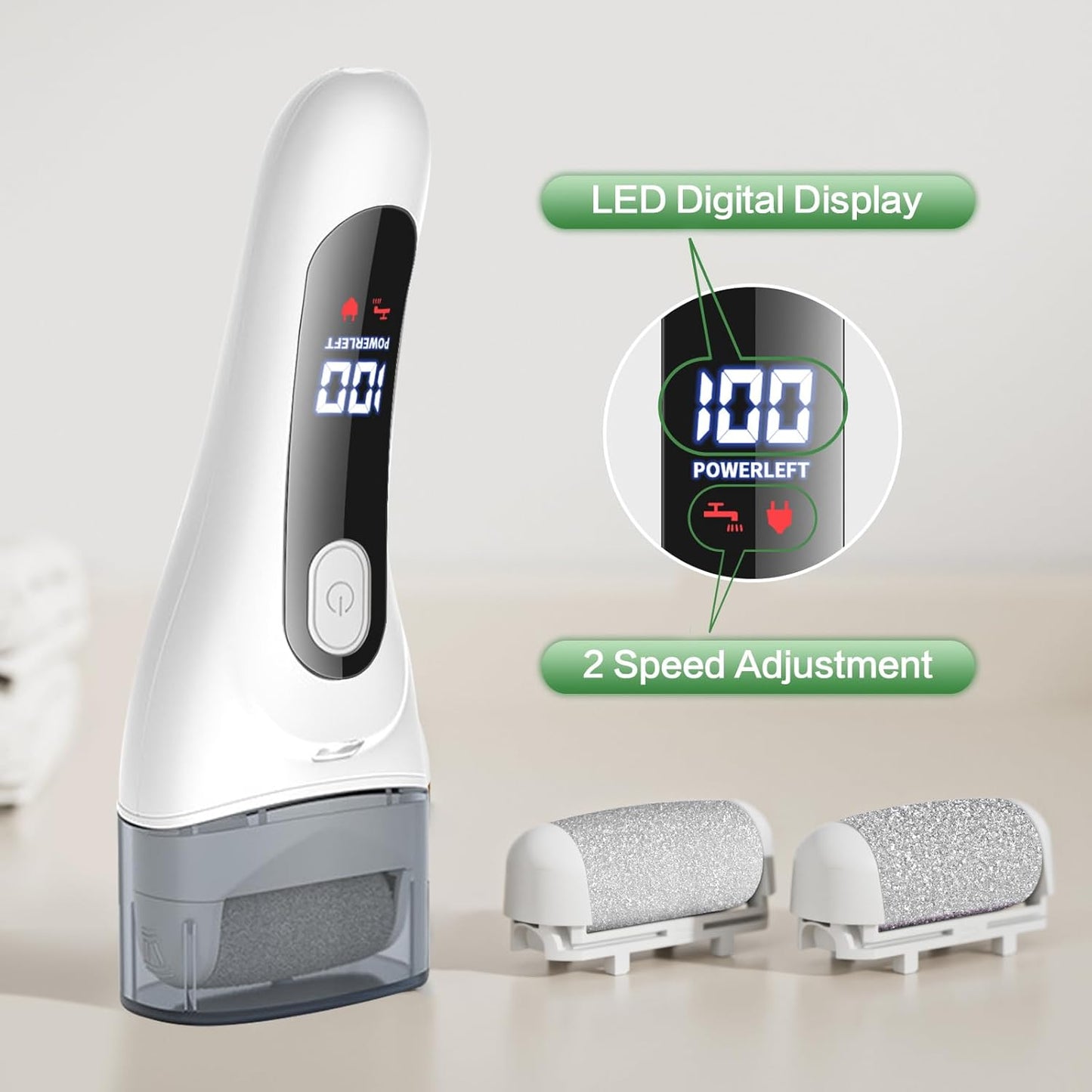 Electric Foot Callus Remover - Rechargeable Waterproof Foot File with LED Light & 3 Rollers | USB-C Charging, White