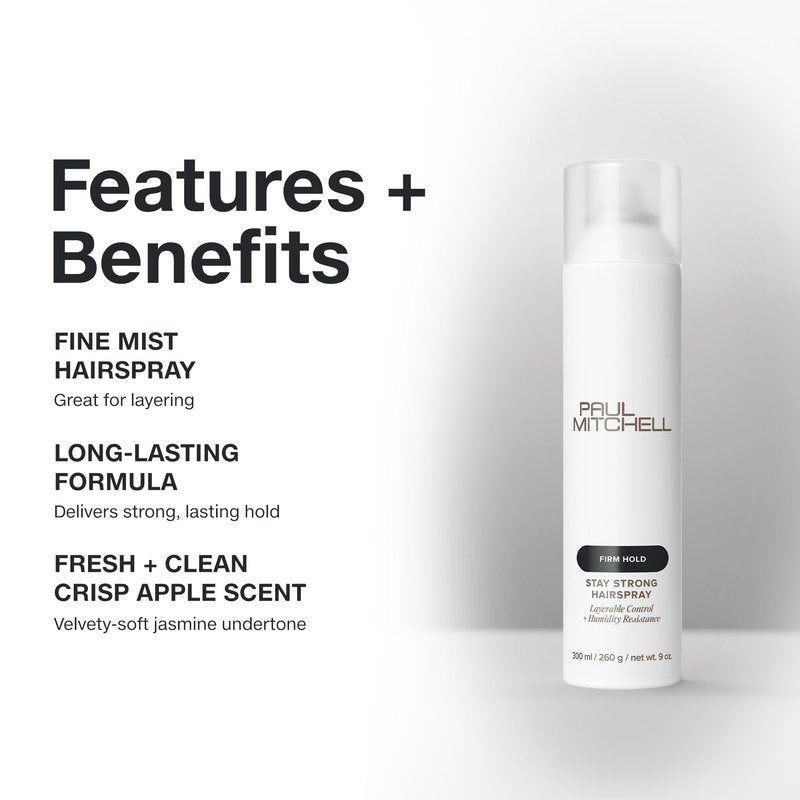 Paul Mitchell Stay Strong Hairspray, Layerable Control + Humidity Resistance, For All Hair Types, 9 oz